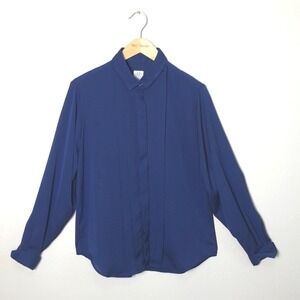 J. G. HOOK Women Size 14 Dark Blue Pleated Front Long Sleeve Button Up Blouse
